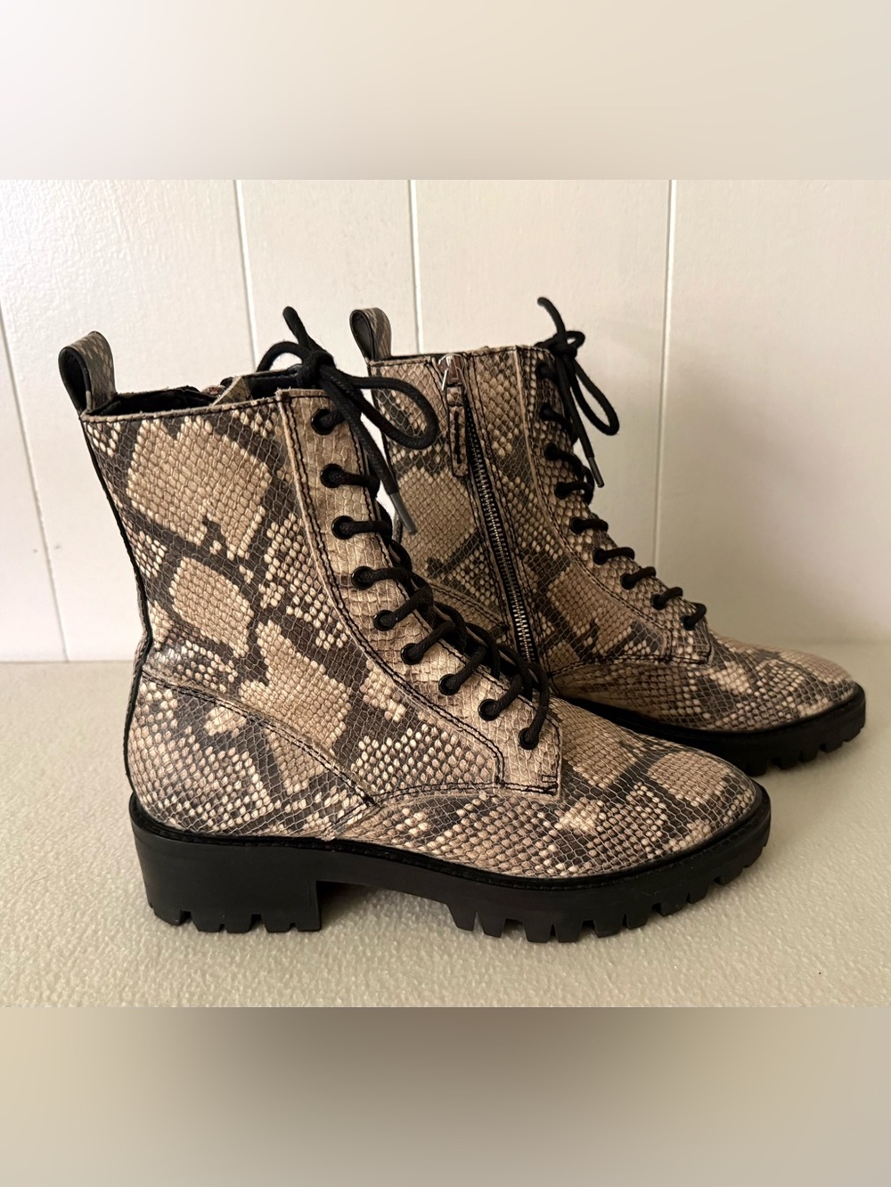 Dolce Vita Snake-Print Lace-Up Combat Boots - Taupe & Black